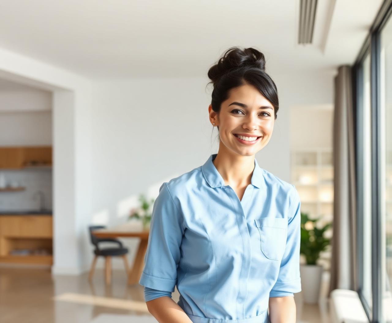 Diarista profissional sorrindo em apartamento moderno